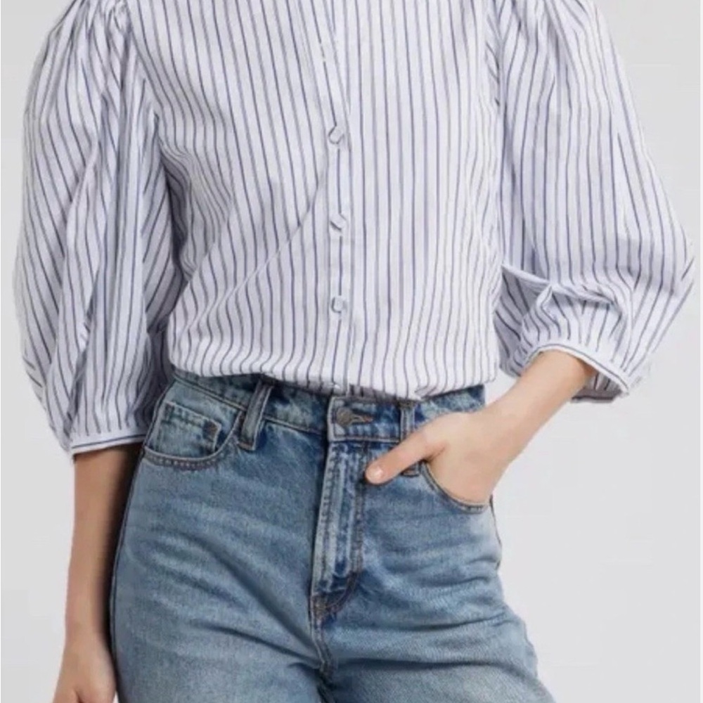 Madewell Blue and White Striped Puff Sleeve Button-Front Blouse